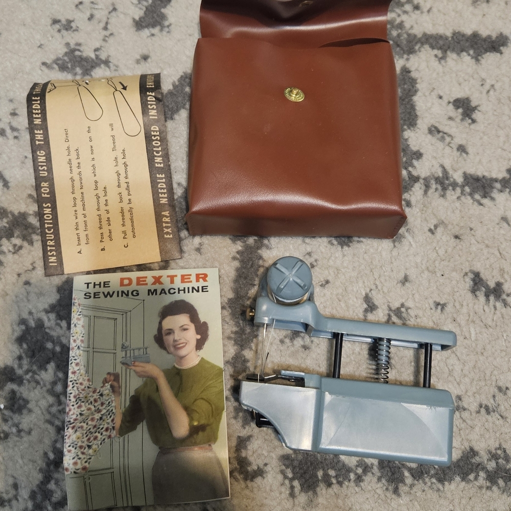 Vintage Dexter Handheld Sewing Machine Blue Manual Stitcher with Case & Manual